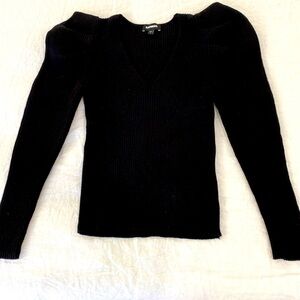 Express Rich Black Rib Knit V neck sweater with puffy pleated shoulder details